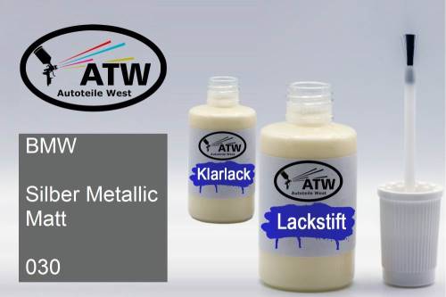 BMW, Silber Metallic Matt, 030: 20ml Lackstift + 20ml Klarlack - Set, von ATW Autoteile West.